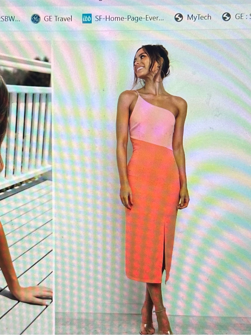Petal & Pup Xiomar Dress. One-Shoulder Two-Tone Midi Dress in Pink & Orange